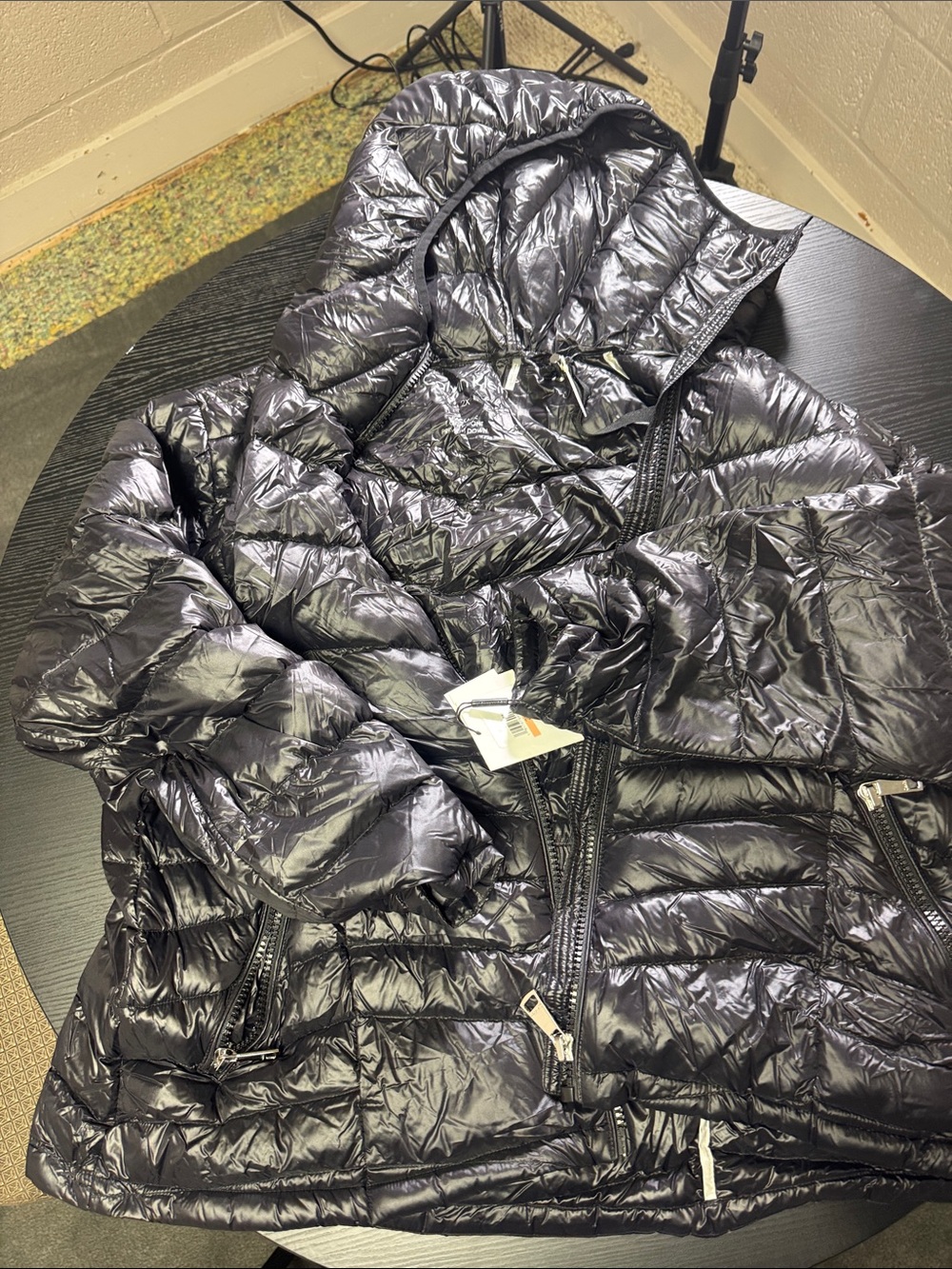 Calvin Klein Glossy Black Hooded Puffer Coat